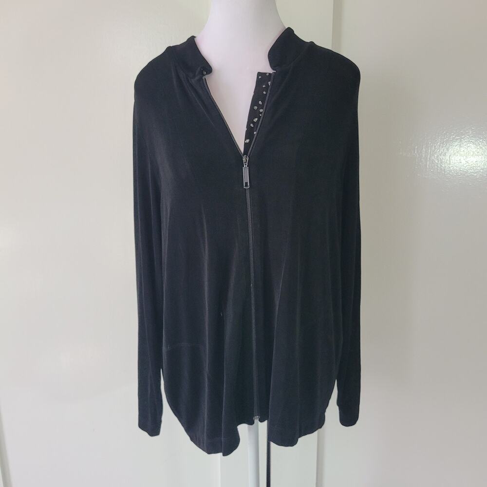 Chico's Travelers‎ Size 2 US L Slinky Full Zip Jacket Cardigan Polka Dot Trim